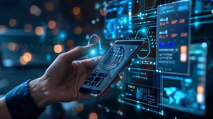 Poster - Hand holding Smart phone with Digital interface Screen of information data for Futuristic Future Modern Technology Progress Concept.