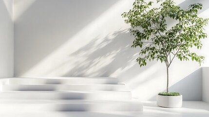 Wall Mural - Minimalist Interior with White Steps and Green Plant