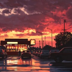 Poster - A fast food restaurant with cars in the parking lot during a beautiful sunset.