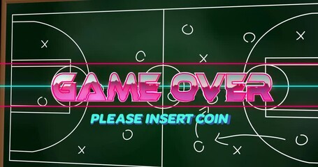 Poster - Game over text animation over soccer strategy chalkboard with PLEASE INSERT COIN