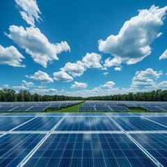 Wall Mural - A field of solar panels on a sunny day with a blue sky and white clouds.