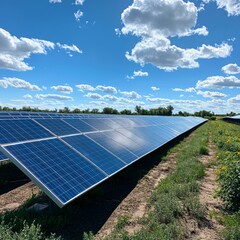 Wall Mural - A field of solar panels under a blue sky with fluffy white clouds.