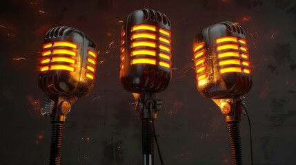 Three vintage microphones with glowing light and sparks in the background.