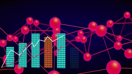 Poster - Network connections and data analysis animation over colorful bar graphs and nodes