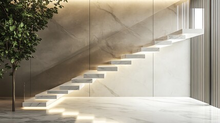 Modern Interior Design with Marble Staircase and Tree