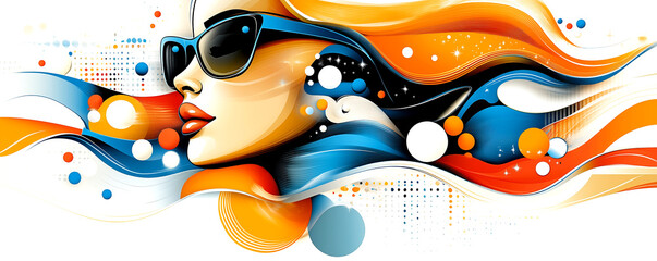 Poster - A woman with sunglasses on her face is the main focus of the image. The background is filled with a variety of colorful circles, creating a vibrant and energetic atmosphere