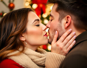 Canvas Print - Couple kissing, Christmas background, Christmas tree in the background, lights and ornaments, celebrating Christmas, hug, happiness, kiss