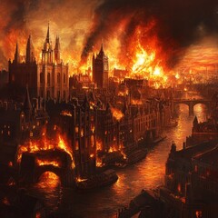 Canvas Print - A fiery cityscape with buildings engulfed in flames, smoke billowing into the sky.