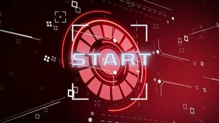 Poster - START text animation over red futuristic digital interface with geometric shapes