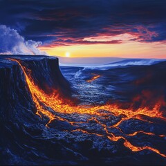 Poster - A fiery lava flow erupts from a volcano at sunset.