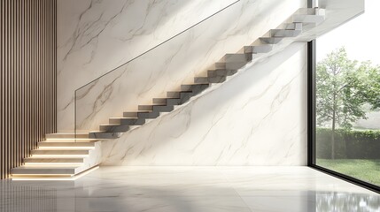 Sticker - Modern Interior Design with Marble Staircase and Glass Railing