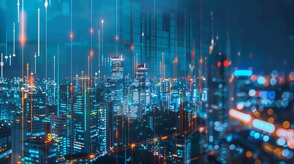 Poster - Aerial view of a city at night with financial data graph chart for Urban development relationship concept or Business financial market.