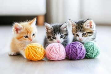 Poster - Three Kittens Playing with Colorful Yarn Balls