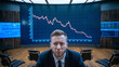 © ontsunan - Businessman in a boardroom looks worried as a stock market graph behind him shows a steep decline. Concept of financial crisis and stock market crash.