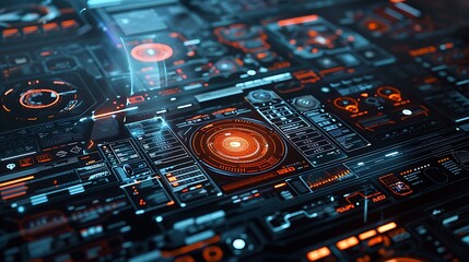 Poster - Futuristic Interface with digital elements of a hypothetical computer system control panel for Future Technology Progress Concept.