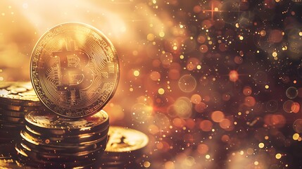 Poster - Stack of Gold Bitcoin Coins Money with bokeh effect Background for Financial technology wealth cryptocurrency concept.