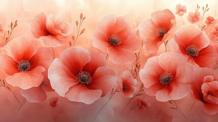 Wall Mural - A delicate arrangement of pink poppies, with soft petals and delicate stems, set against a blurred peach background.