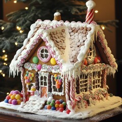 Poster - A gingerbread house decorated with candy canes, icing, and sprinkles sits on a table in front of a Christmas tree.