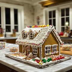 Sticker - A gingerbread house sits on a kitchen counter with candy, sprinkles, and icing surrounding it.