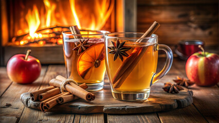 Two cups of spiced apple cider with cinnamon sticks and star anise on a rustic wooden table