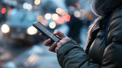 Person Holding a Smart Phone in the city with fog lights background for Future Technology Progress Concept.