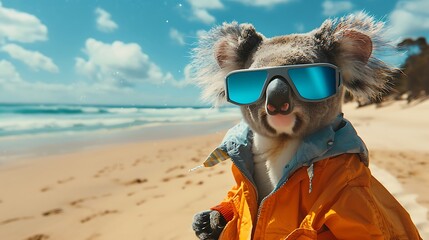 On a sunny beach setting a koala with skate blue goggles and a jacket