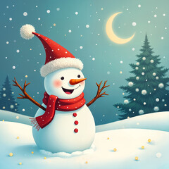 Cheerful snowman standing on a snowy surface, with its arms outstretched as if waving hello. It's wearing a red hat and scarf, and is set against the backdrop of a sky with falling snowflakes.