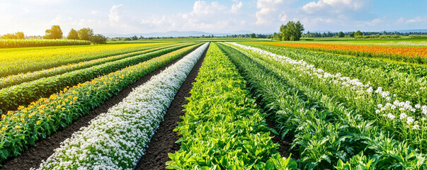 Vibrant rows of crops alternate with colorful wildflower strips, creating picturesque landscape under bright sky.