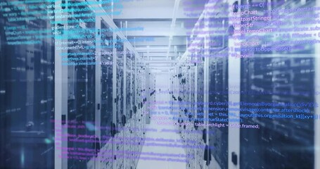 Poster - Computer code animation over server racks in data center