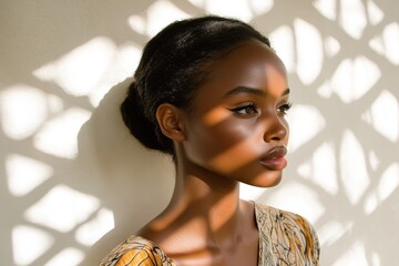 Ethereal Elegance: Somali Fashion Model in Contemporary Attire Embracing Calmness Amid Abstract Sunlit Patterns on Wall (Selective Focus, Surreal Overlay)