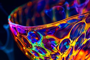 A close up of a colorful glass bowl on a black background