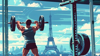 Wall Mural - A weightlifter lifting at a Paris venue, with the Eiffel Tower in view, depicted in refined vector graphics.