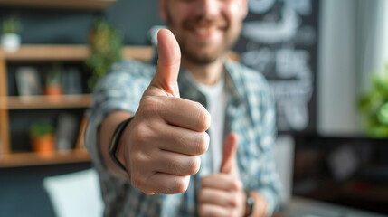 Medium close-up of an employee giving a thumbs-up, with a cheerful expression in a modern office.