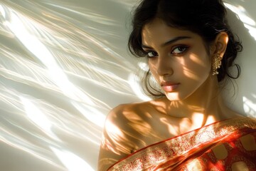 Serene Tamil Fashion Model in Contemporary Attire with Ethereal Light Patterns on White Wall