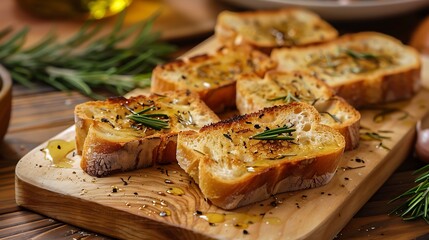 On a wooden the toast bread with rosemary and olive oil