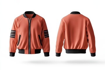 Sticker - A stylish bomber jacket in coral color with black stripes, showcasing front and back views.