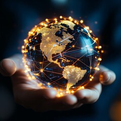 Canvas Print - A glowing Earth globe surrounded by interconnected lines, held in open hands against a dark blue background.