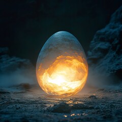 Sticker - A glowing egg sits on a rocky surface with a dark background.