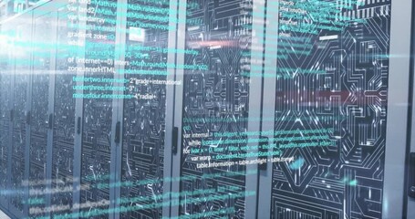 Poster - Programming code animation over server racks in data center