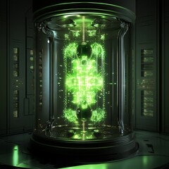 Sticker - A glowing green orb encased in a glass tube, a futuristic laboratory setting.