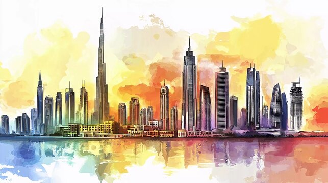 Watercolor sketch of Dubai city buildings in vector illustration which is very impressive