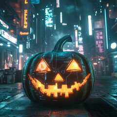 Wall Mural - A glowing jack-o-lantern with a futuristic design sits on a city street.