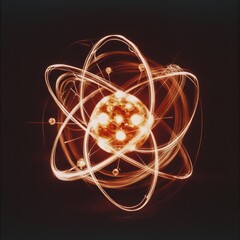 Poster - A glowing orange atom with orbiting electrons on a black background.