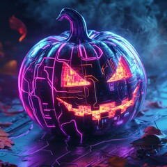 Poster - A glowing, futuristic pumpkin with a menacing smile, lit from within, against a dark background.