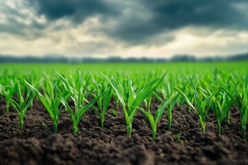 Green wheat sprouts in agricultural field under cloudy sky.