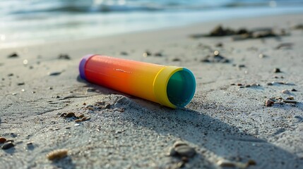 On spotless sand lies a colorful tube of protection