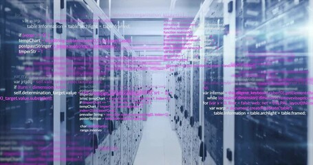 Poster - Computer code animation over server racks in data center