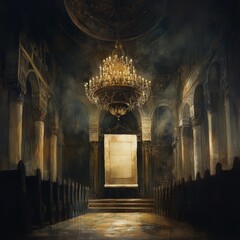 Poster - A grand, dimly lit church interior with a large chandelier and an altar with a blank canvas.