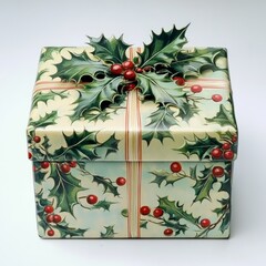 Canvas Print - A green and red Christmas gift box with holly and berries, wrapped with a white and red ribbon.