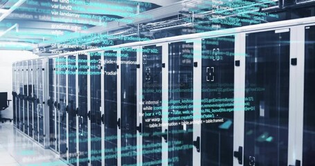 Poster - Computer code animation over server racks in data center
